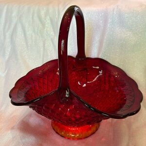 Vintage Indiana Fire Glass Canterbury Sunset Amberina Large Glass Basket 12”x8”